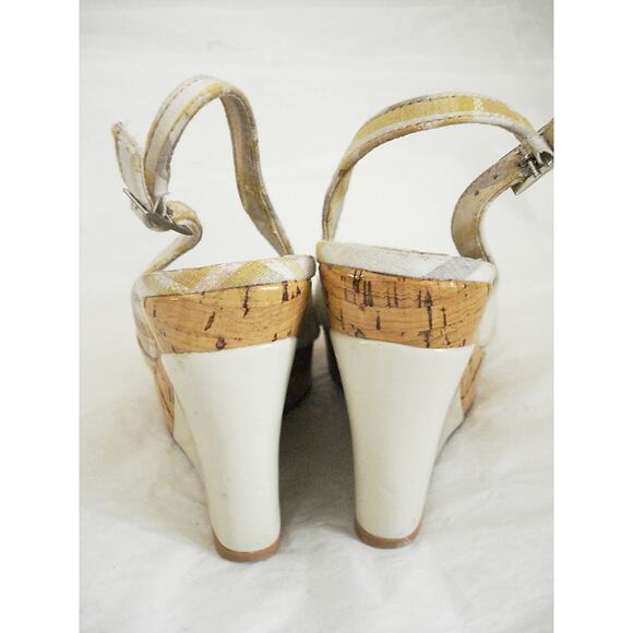 KENZIE IVORY & TAN PLAID COTTON SLINGBACK W PATENT LEATHER WEDGE HEEL SZ 6M - Picture 7 of 8